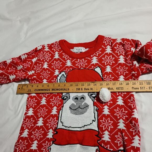 Ugly Christmas Sweater Med LAMA Santa PomPom Red Christmas Trees Snowflakes POOF - Picture 5 of 9
